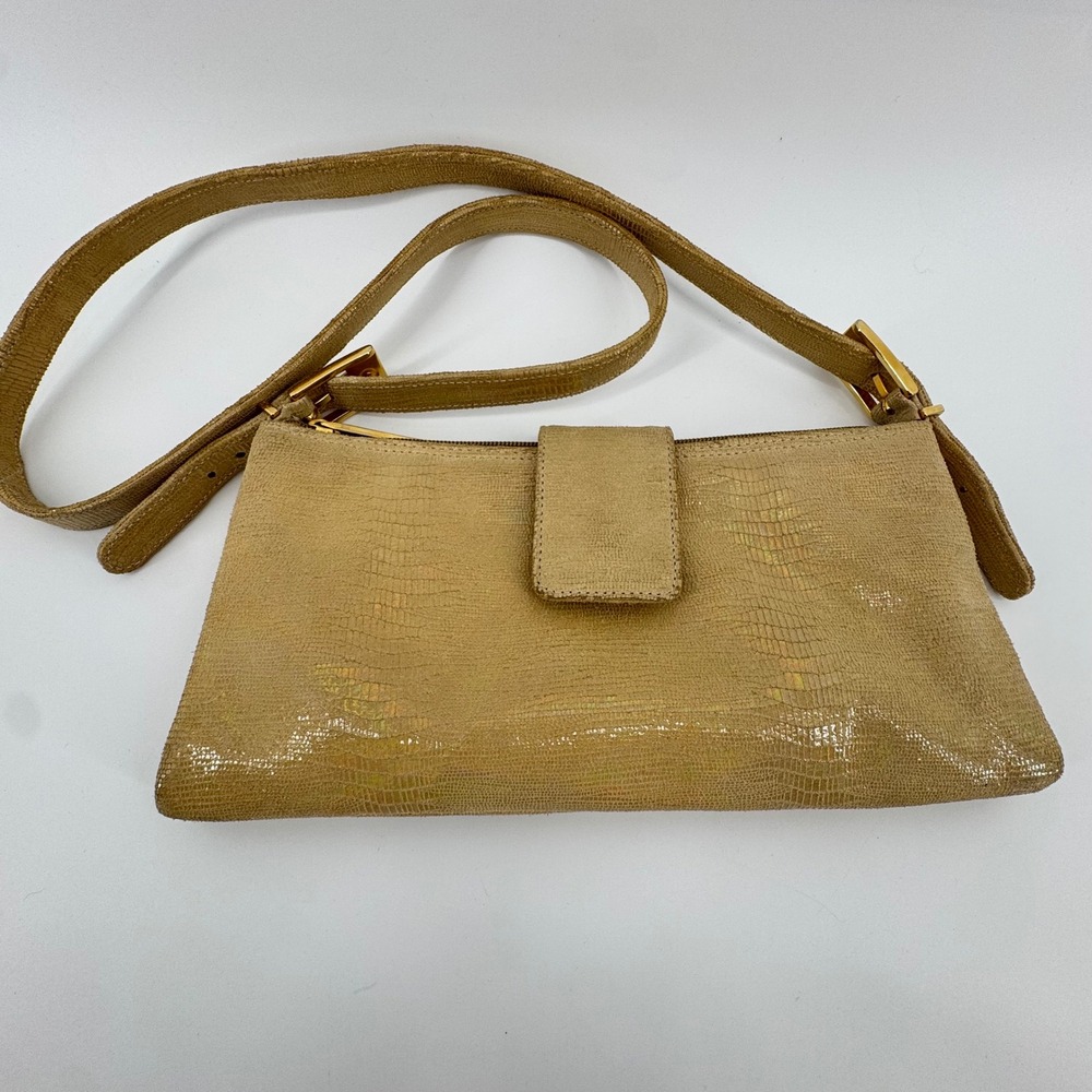 Antonio Scepi Shoulder Bag Women Small Tan Gold‎ Lizard Embossed Leather Italy